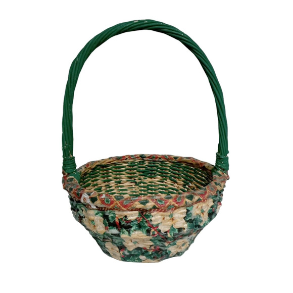 🎄🧺1980s Decoupage Wicker Basket Floral Red Green White Vintage Decor 💐 - Picture 1 of 16